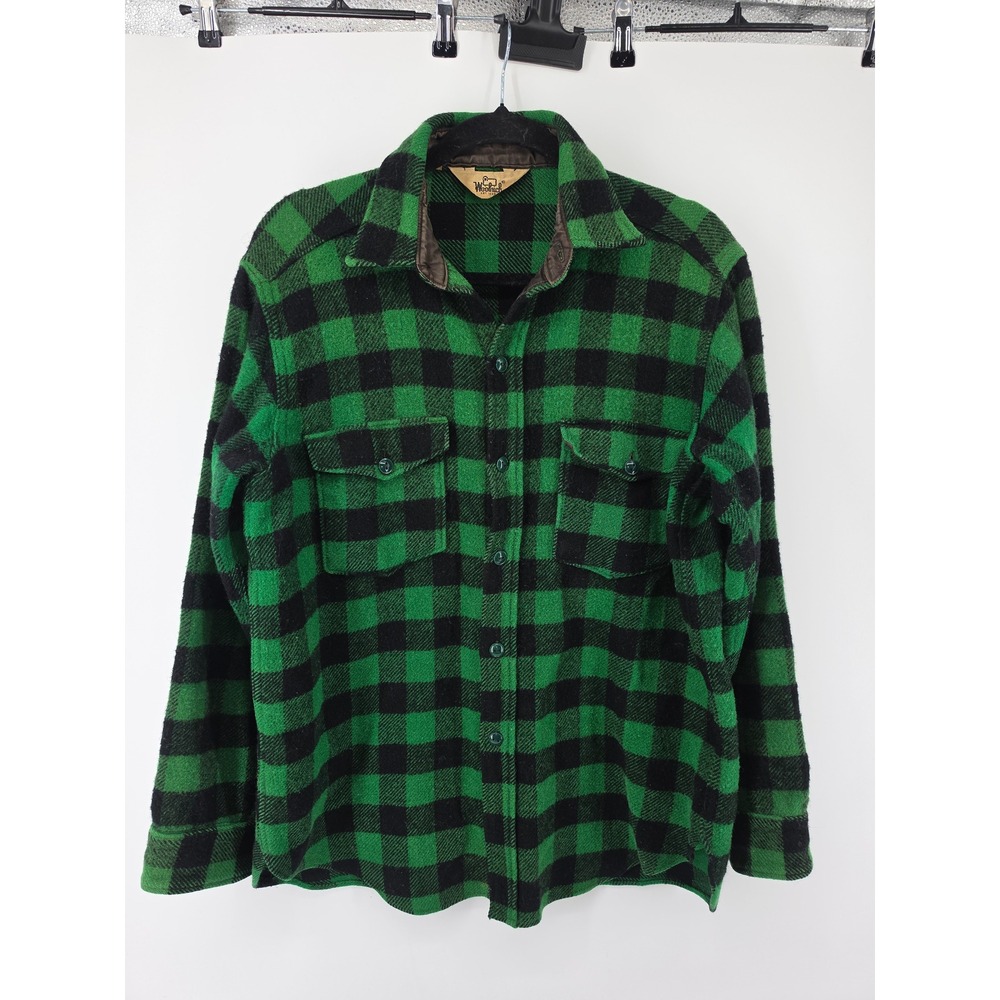 Vintage 70s Woolrich Green Buffalo Plaid Wool Shirt Jacket Shacket Mens L (16)